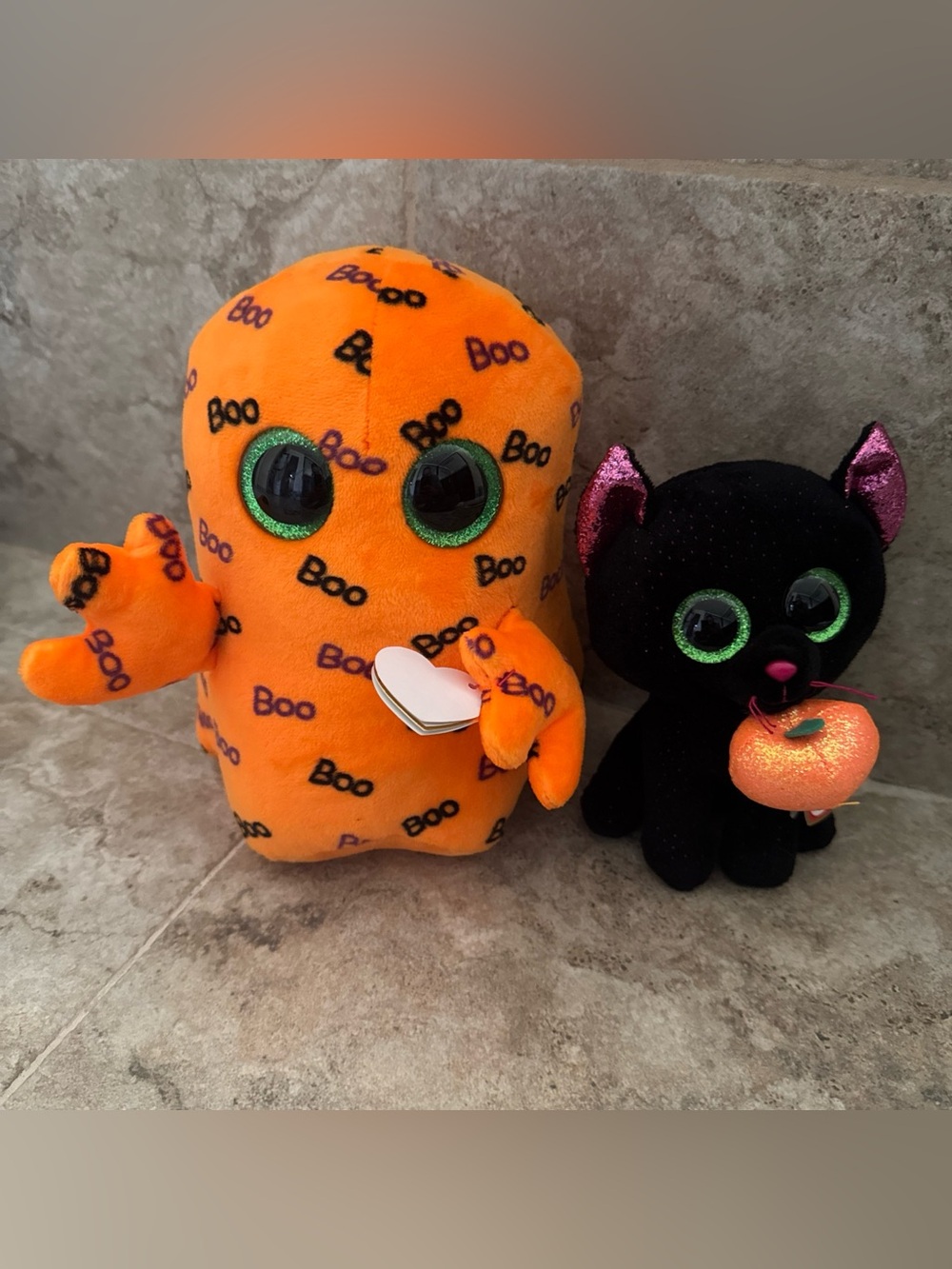 Ty Halloween Plush Duo 2018 Orange Ghoulie Ghost &Black Cat Potion Pumpkin**flaw